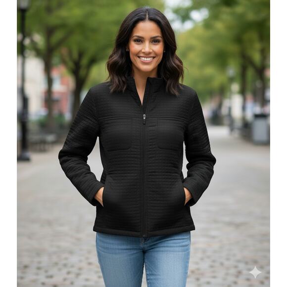 Chico's 1 Women Medium Black Grid Quilted Pocket Lightweight Full Zipper jacket - Picture 1 of 6